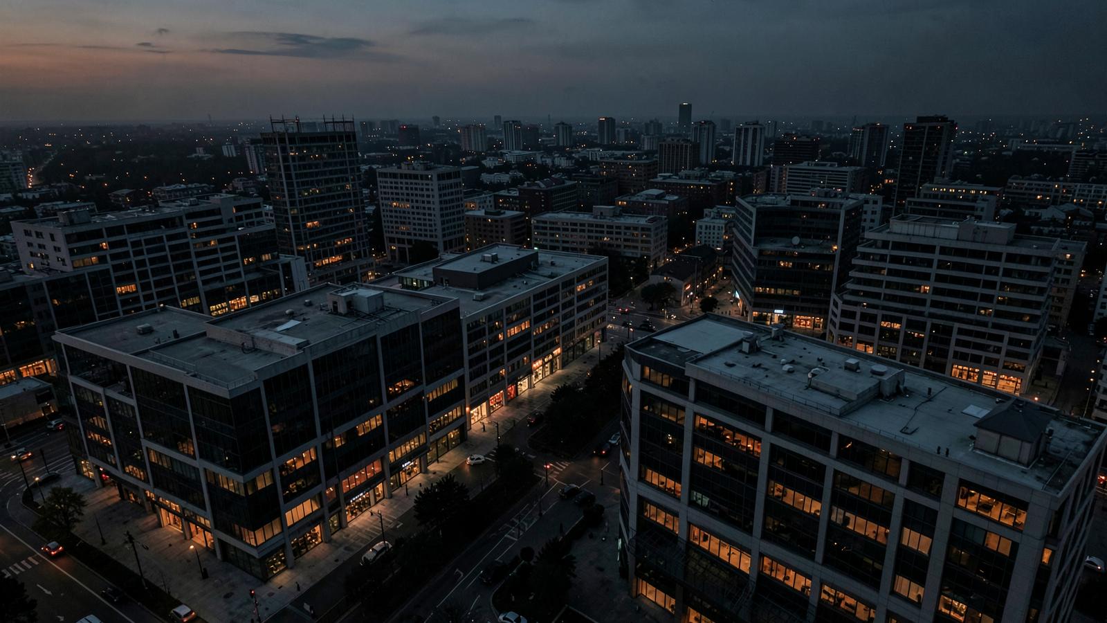Aerial dusk view of multiple commercial buildings across a metropolitan region