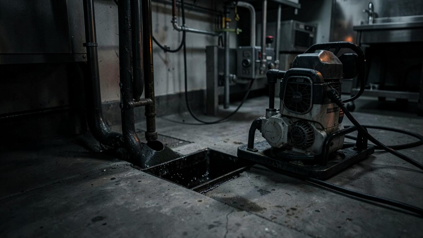 Commercial kitchen floor drain and drain cleaning equipment