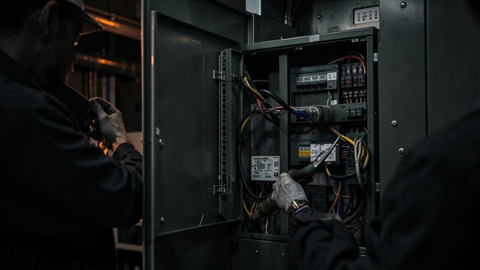 Technician working inside a commercial electrical distribution panel