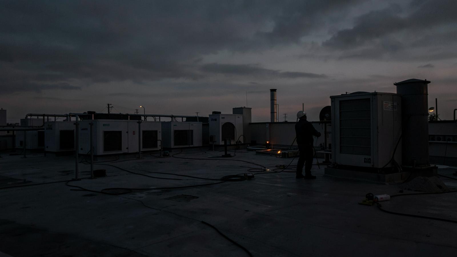 Rooftop commercial HVAC units on a flat commercial roof at dusk