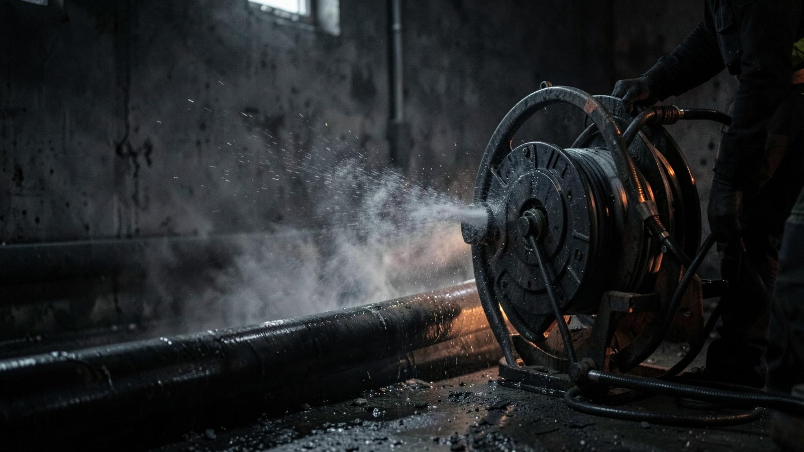 High-pressure hydro-jetting equipment cleaning a commercial drain line