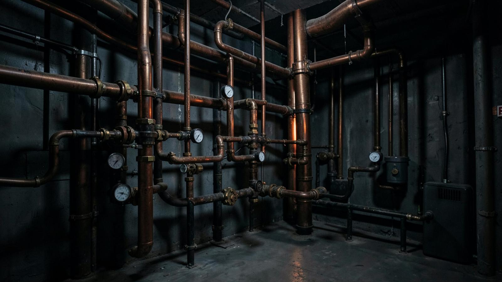 Commercial building plumbing riser room with copper pipework and gauges